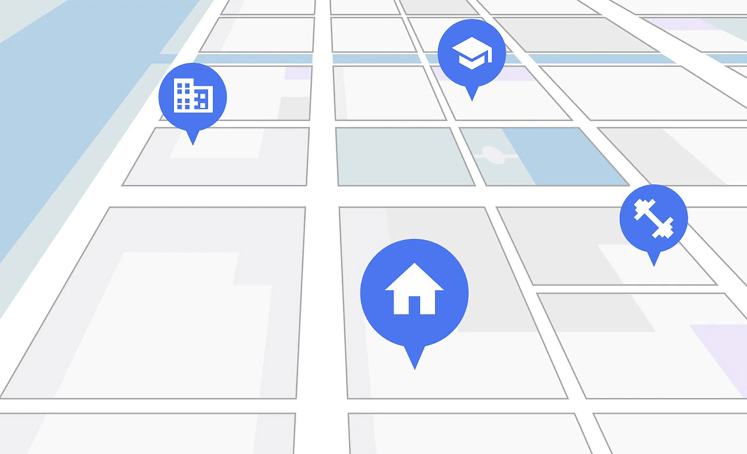 Image of a digital map with home, gym, office and school icons in blue pins