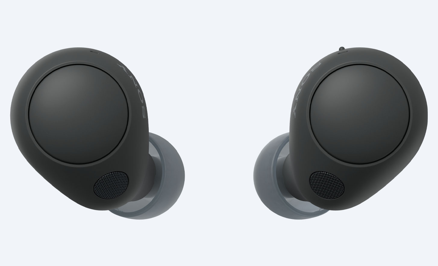 Close-up image of the back of a black pair of WF-C700N Wireless Noise Cancelling headphones