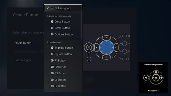 Settings screen for assigning buttons