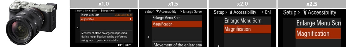 Image of ILCE-7CM2L and Displaying the Alpha operation screen enlarged in three stages from normal size.