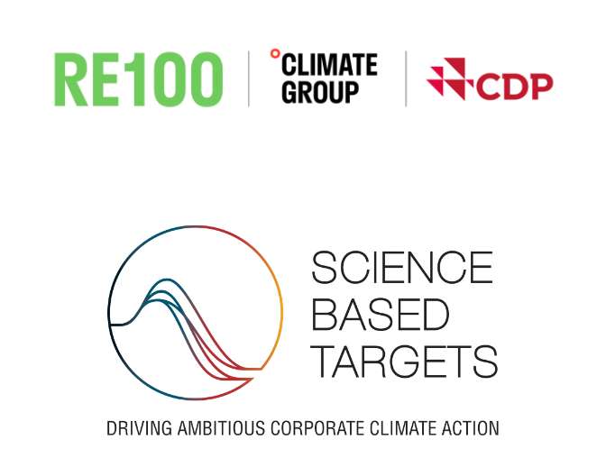 RE100, CLIMATE GROUP, CDP, and SCIENCE BASED TARGETS logos