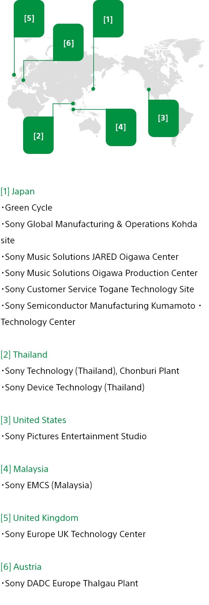 World map annotated with Sony Group sites with solar power equipment installations