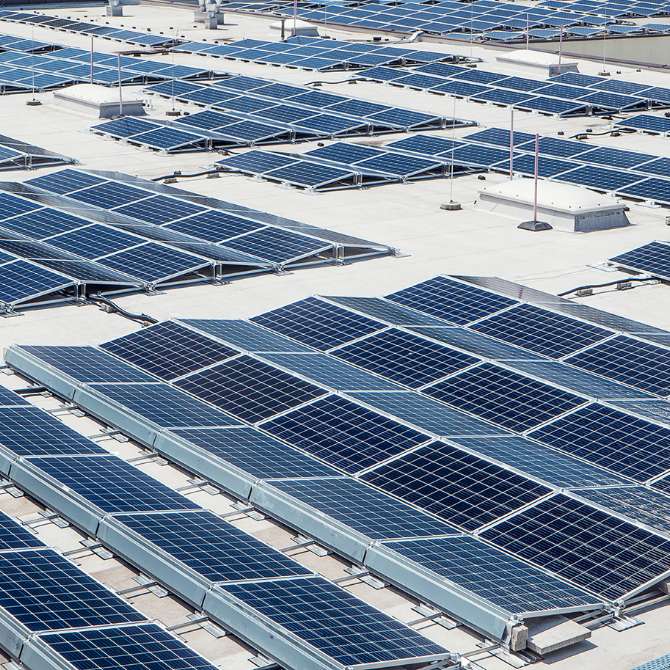 Shot showing solar panel array at Sony DADC Europe Thalgau plant