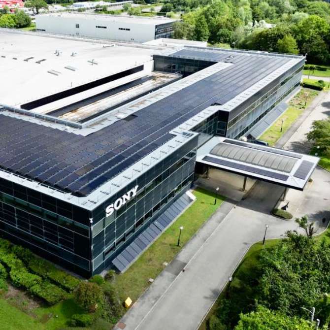 Shot showing solar panel array at Sony UK Technology Centre, Wales