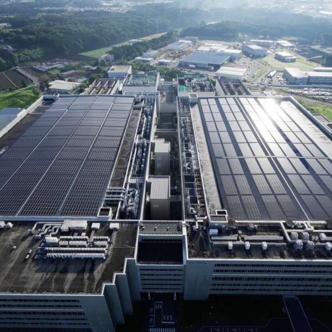 Shot showing solar panel array at Sony Semiconductor Manufacturing Corporation Kumamoto Centre