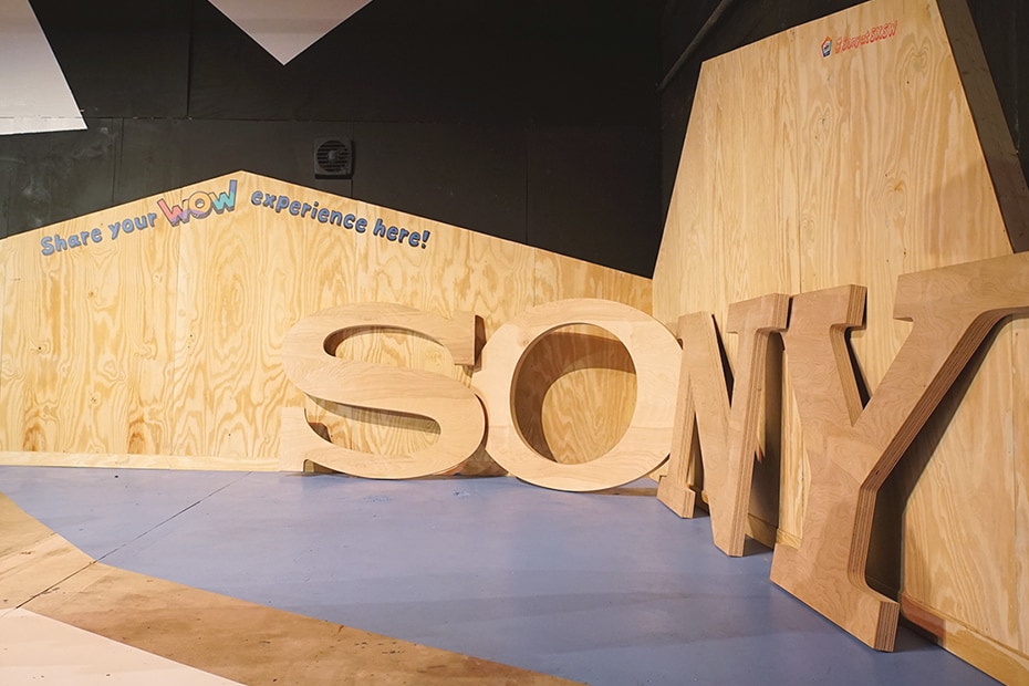 Photo of the photo space with wooden Sony logo display