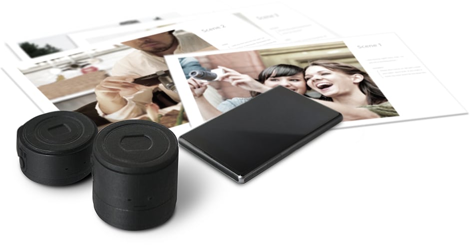 Photo of DSC-QX100 / DSC-QX10 mock-up and visualized images of user scenarios