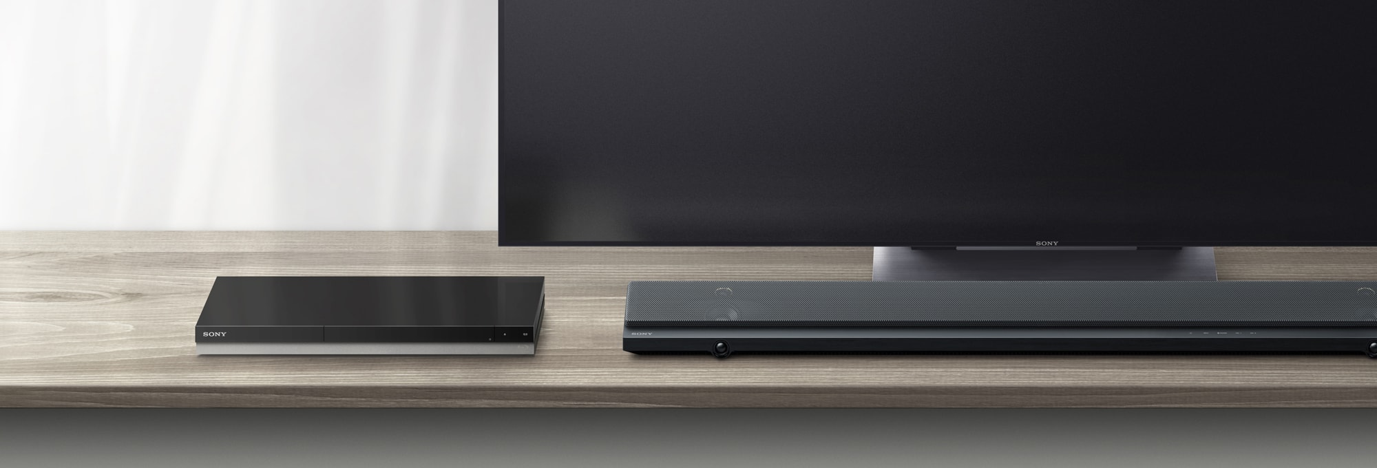 Photo showing BRAVIA, Blu-ray Disc recorder and player, and soundbar placed side by side