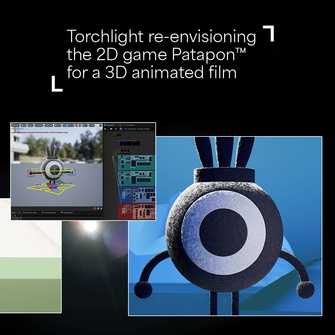 Two images of computer screens with 3D Patapon game characters. Superimposed text reads 'Torchlight re-envisioning the 2D game Patapon for a 3D animated film.'