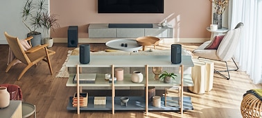 A living room featuring a wall-mounted BRAVIA TV, HT-A3000 soundbar, SA-SW3 subwoofer, and SA-RS5 rear speakers