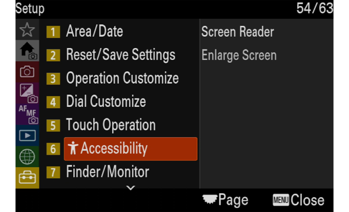 Product image showing "Setup" camera menu with "Accessibility" selected