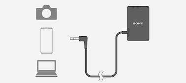 Illustration of a receiver being connected by audio cable and 3.5 mm mini-jack to various devices such as smartphones and PCs