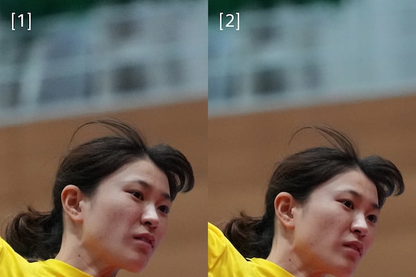 Example images showing a woman in a handball game. Left: taken with α1; right: taken with α1 II, comparing noise reduction at mid to high ISO sensitivity