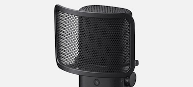 Product photo of microphone with pop guard attached