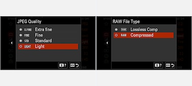 Camera LCD display screen: RAW Image selection screen
Camera LCD display screen: JPEG quality selection screen