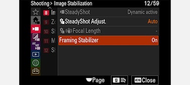 Product image showing "Image Stabilization" camera menu with "Framing Stabilizer" selected