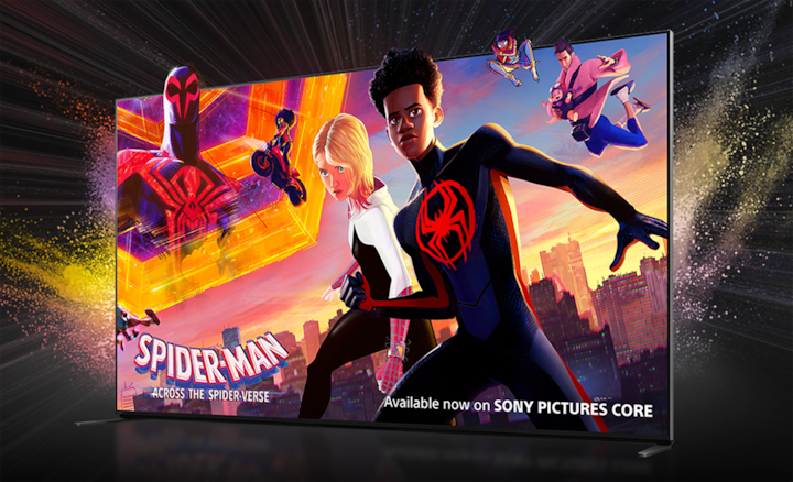 Angled view of TV with screenshot of SPIDER-MAN Across the Spider-Verse and colourful starburst behind.