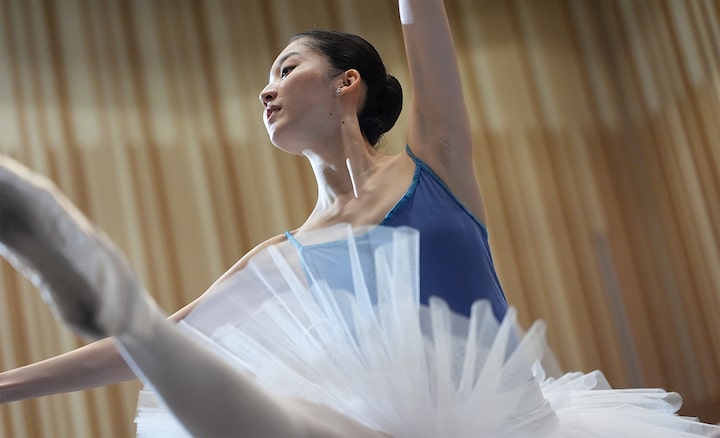 Example image showing a ballerina in a blue leotard and white tutu, striking a pose with one leg raised