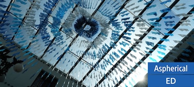 A sample image showing blue and white lace-like pattern fabrics hanging down. Strong sunlight in the background without flare nor ghosting