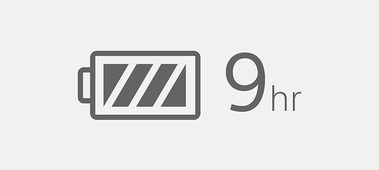 Illustration showing the maximum battery life of nine hours with wireless connection