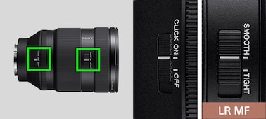 Product image showing overall and close-up right side views of the lens barrel with aperture click switch and zoom smoothness switch highlighted