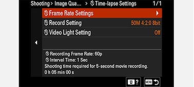 Image of in-camera time lapse settings