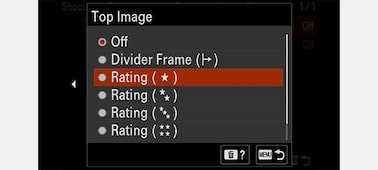 Product image showing "Top Image" camera menu with "Rating" selected