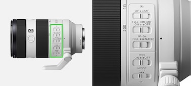 Product image showing left side of lens body with green rectangle graphic highlighting 2-position AF/MF and OSS ON/OFF switches, 3-position switches for focus range limit and image stabilisation mode selection.