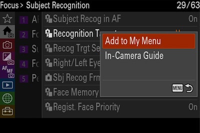 Product image of “Subject Recognition” camera menu with “Add to My Menu” selected on pop-out menu