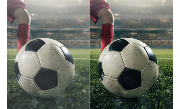 Two images comparing picture quality of football on pitch in front of player's foot