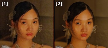 Example images of a woman posing in a low-light environment. Left: single RAW image; right: Composite RAW mode illustrating lower noise and high resolution