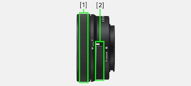 Left side view of lens barrel with Zoom/Focus ring and zoom lever highlighted