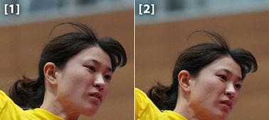 Example images showing a woman in a handball game. Left: taken with α1; right: taken with α1 II, comparing noise reduction at mid to high ISO sensitivity