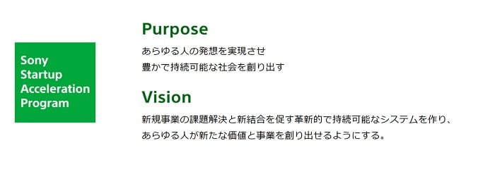 Sony Startup Acceleration Program ・Purpose あらゆる人の発想を実現させ、豊かで持続可能な社会を創り出す ・Vision 新規事業の課題解決を新結合を促す革新的で持続可能なシステムを作り、あらゆる人が新たな価値と事業を創り出せるようにする