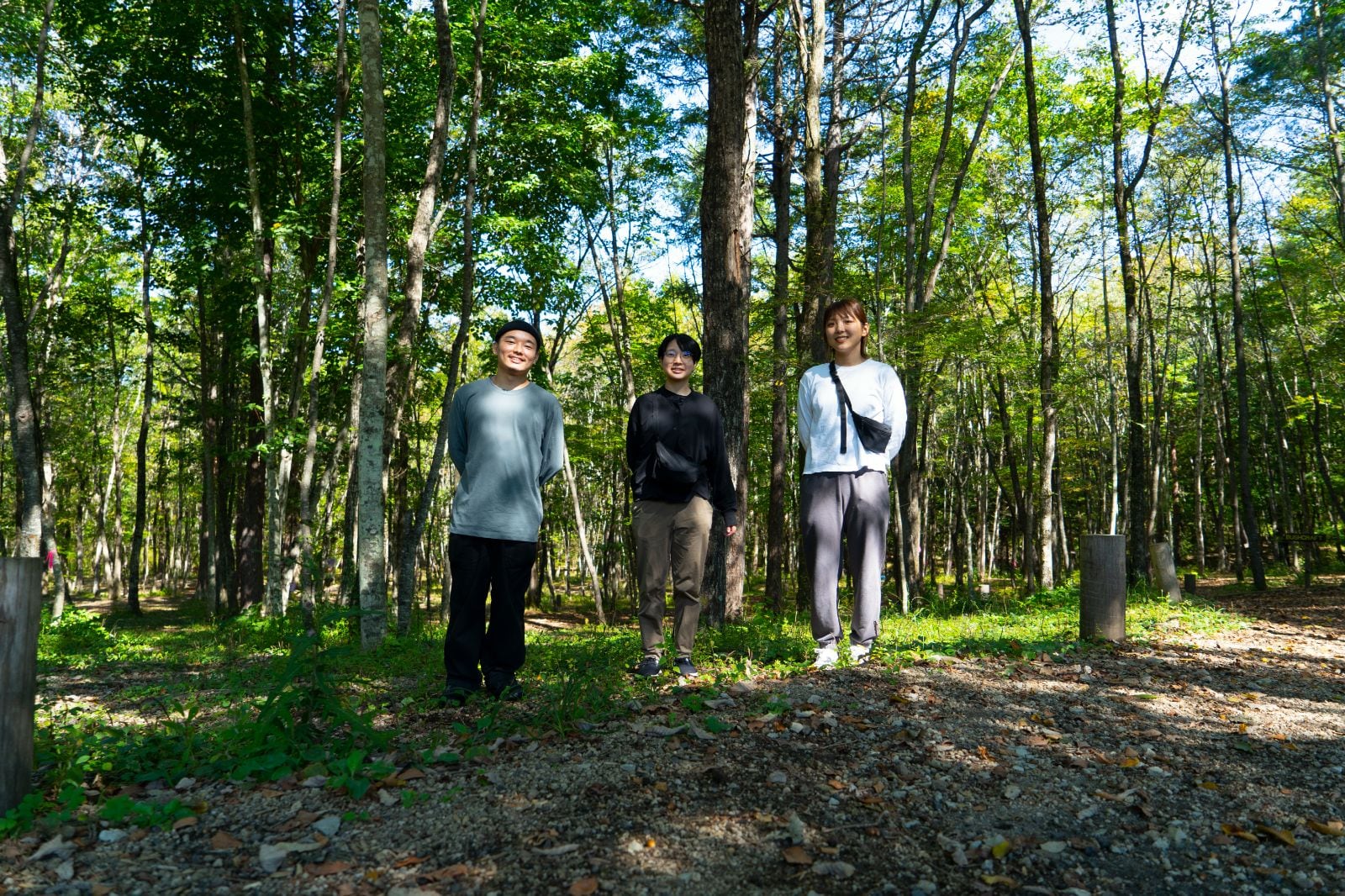 木立の中に佇む、芹澤、佐藤、吉戸の写真