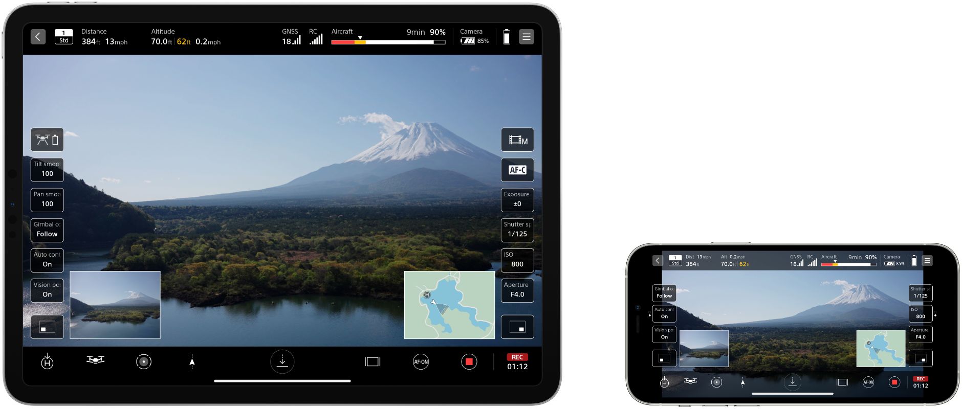 タブレットとスマートフォンに映し出されたカメラ操作のUI画面